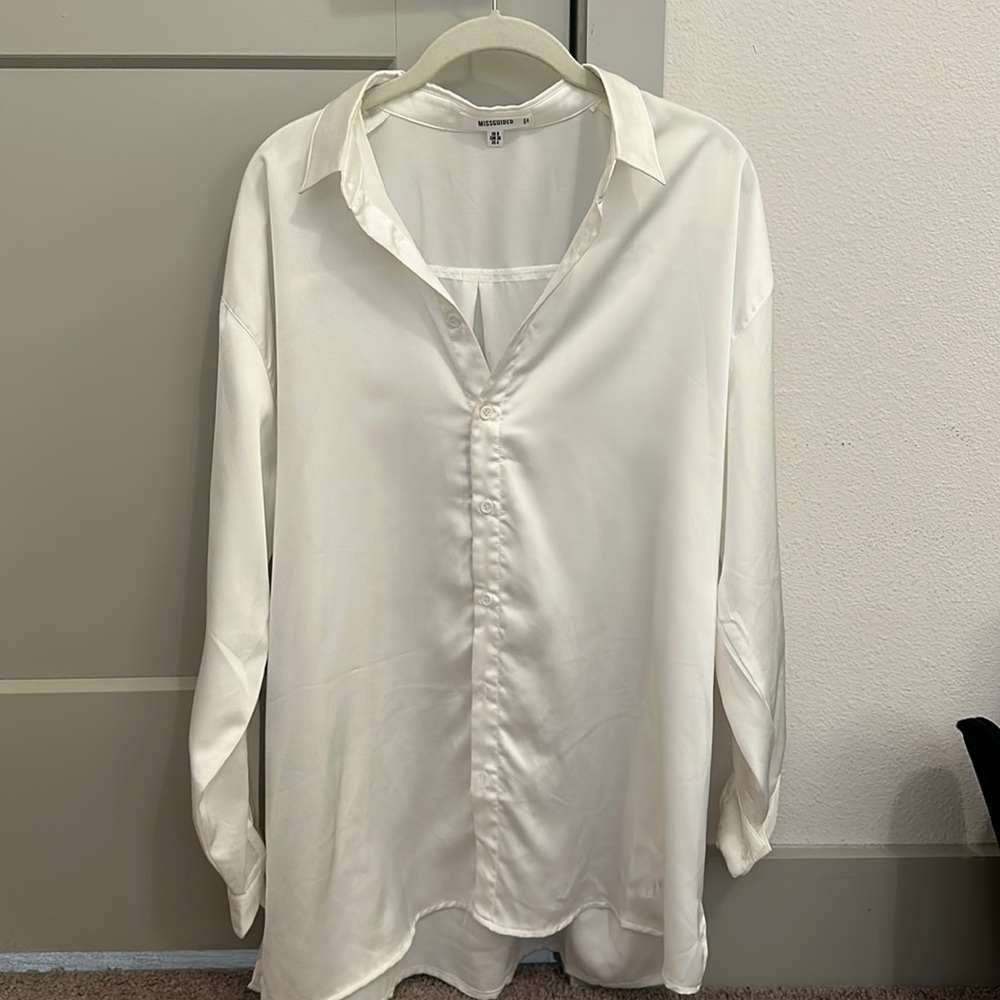 White satin oversized button up missguided